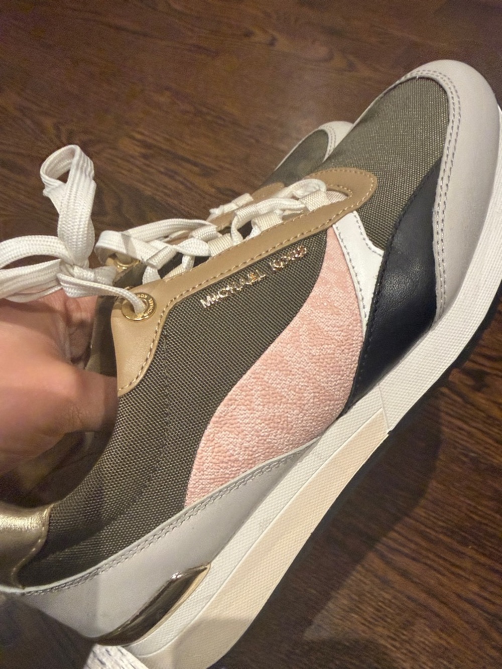 Michael Kors Olive, White & Beige Colorblock Sneakers with Pink Accent size 7.5 - Picture 5 of 7